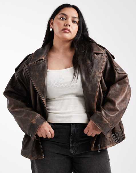 ASOS DESIGN Curve oversized leather washed biker jacket with quilt lining in brown - view 1