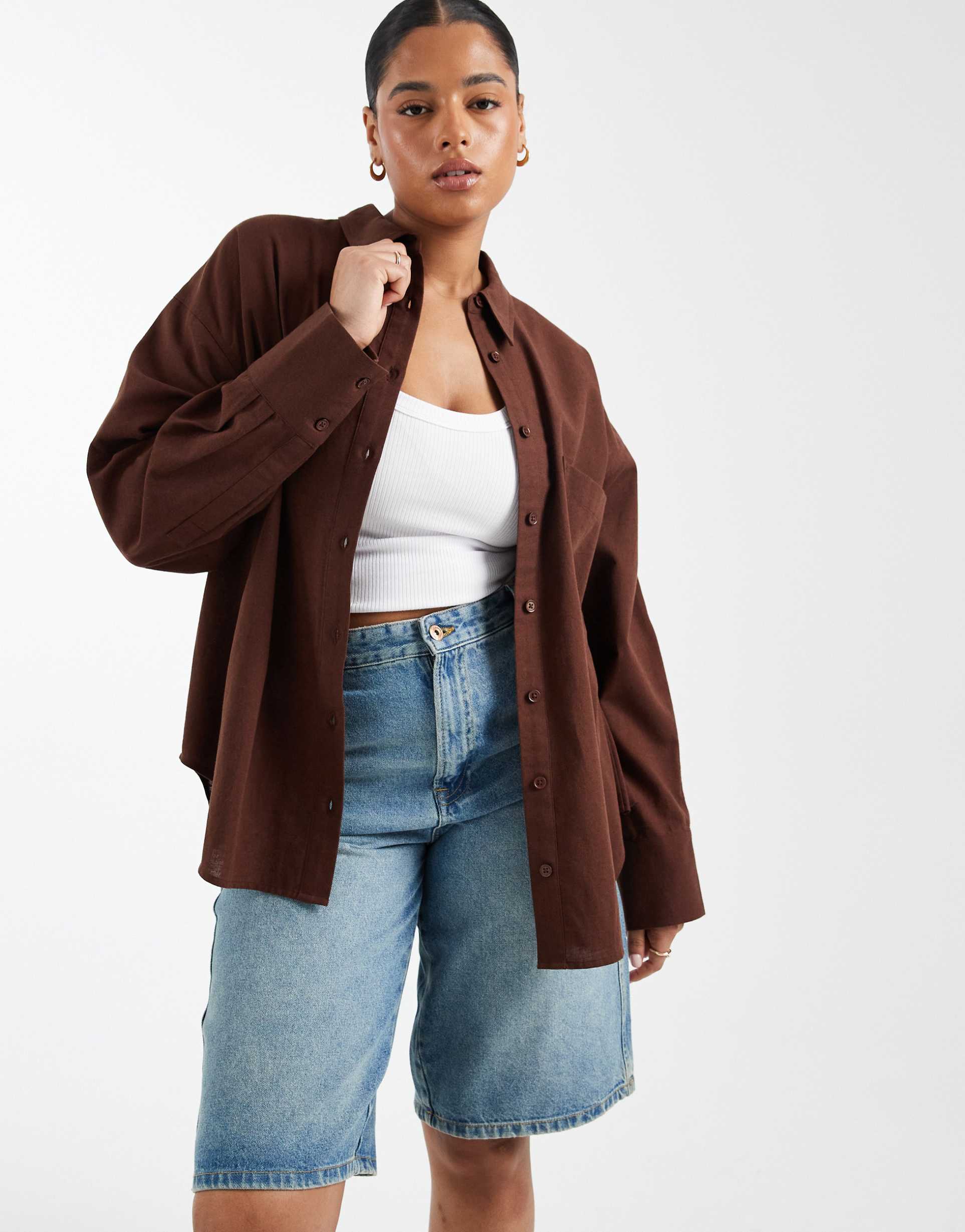 asos design curve oversized linen blend shirt in brown