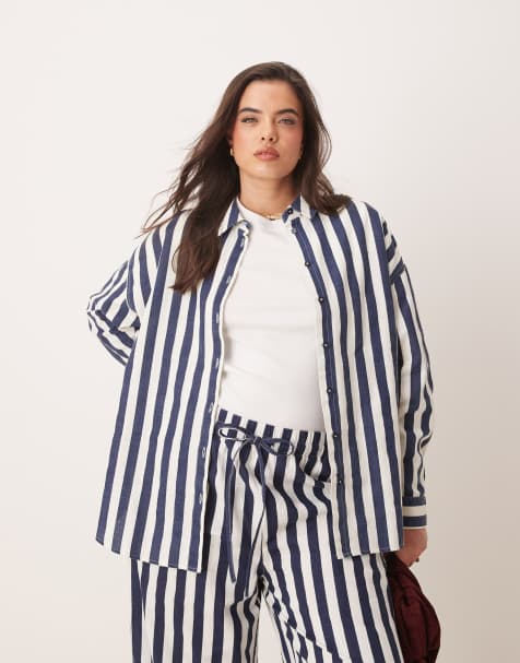 ASOS DESIGN Curve oversized linen look shirt co-ord in navy stripe - view 1