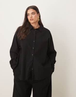 ASOS DESIGN Curve oversized linen look shirt in black - part of a set