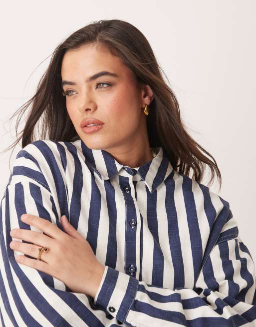 ASOS DESIGN Curve oversized linen look shirt in navy stripe (part of a set), 4 of 4