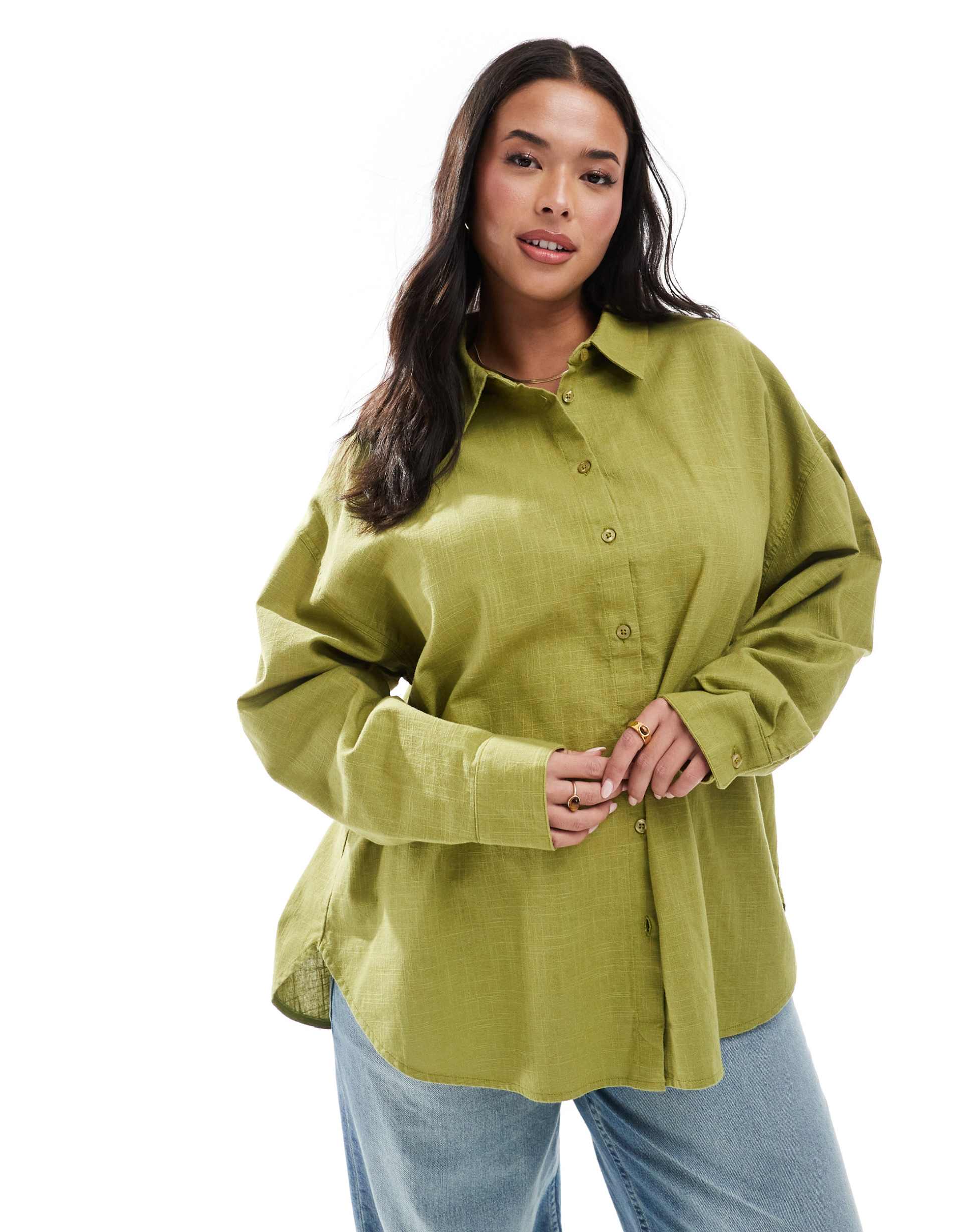 asos design curve oversized linen look shirt in olive