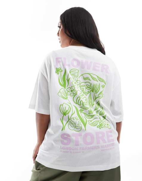 ASOS DESIGN Curve oversized linen look T-shirt with flower shop graphic - view 1
