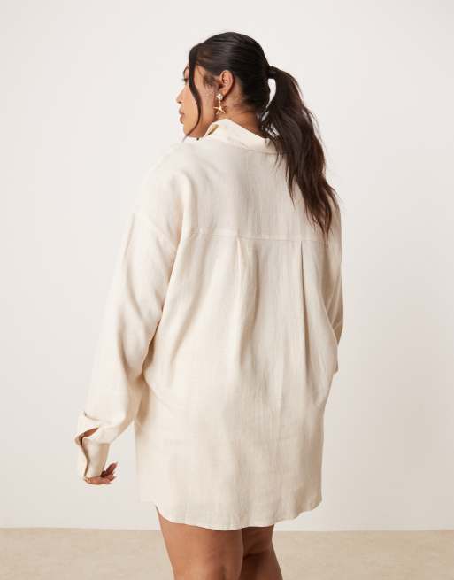 ASOS DESIGN Curve oversized long sleeve linen blend shirt in stone - part of a set