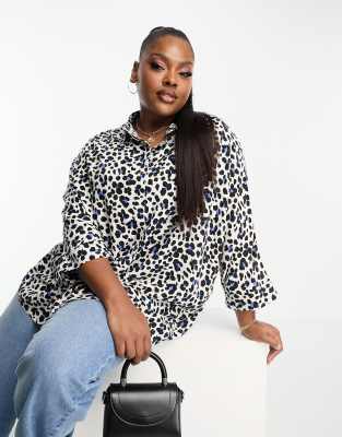 ASOS DESIGN Curve oversized long sleeve shirt in blue leopard print-Multi