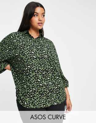 ASOS DESIGN Curve oversized long sleeve shirt in green leopard print