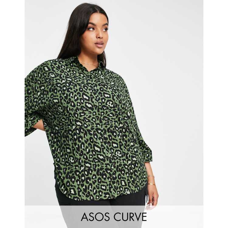 Curves Green Leopard Print Long Shirt