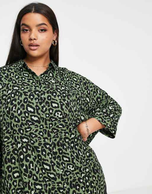 ASOS DESIGN Curve oversized long sleeve shirt in green leopard print