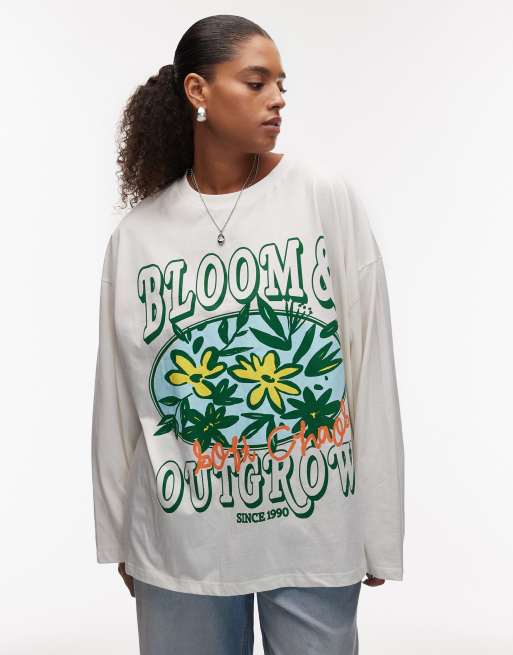 ASOS DESIGN Curve oversized long sleeve skater tee with flower bloom graphic in cream
