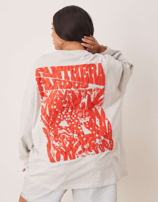 ASOS DESIGN Curve oversized long sleeve skater tee with leopard floral graphic in heathered ice