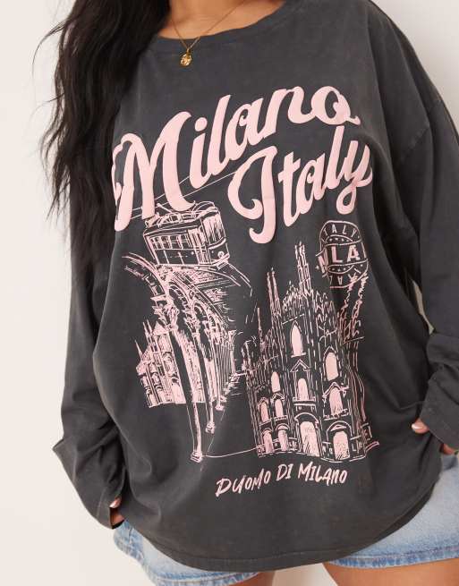 ASOS DESIGN Curve oversized long sleeve skater tee with milano graphic in charcoal, 3 of 4