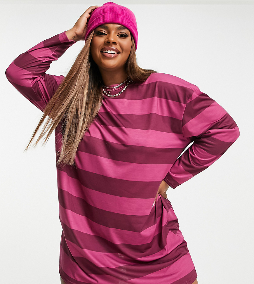ASOS DESIGN Curve oversized long sleeve t-shirt dress in tonal burgundy stripe-Multi