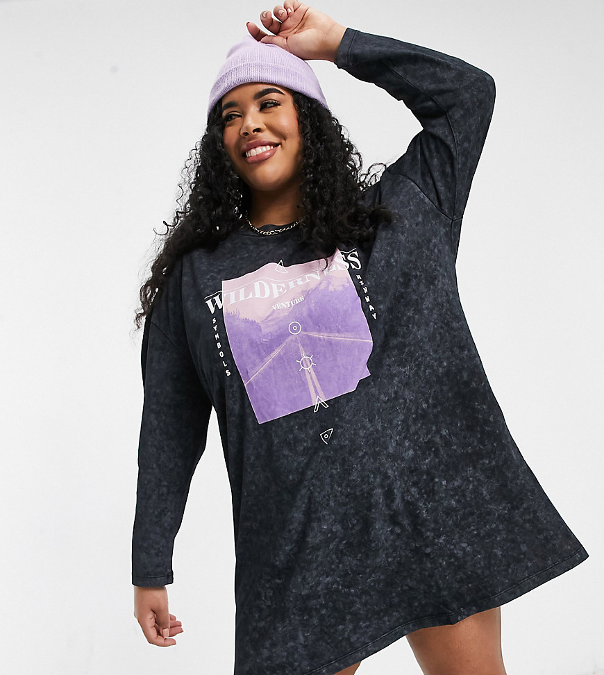 ASOS DESIGN Curve oversized long sleeve t-shirt dress with wilderness graphic in acid wash gray-Black
