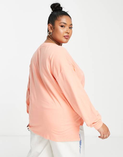 ASOS DESIGN Curve oversized long sleeve T-shirt with cuff detail in coral, 2 of 4