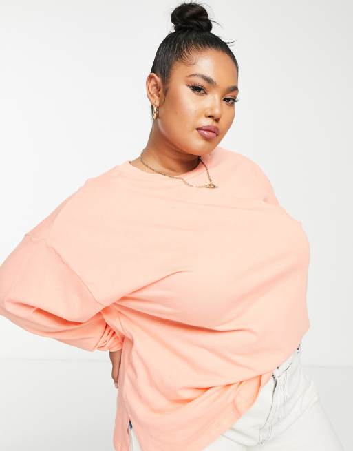 ASOS DESIGN Curve oversized long sleeve T-shirt with cuff detail in coral, 4 of 4