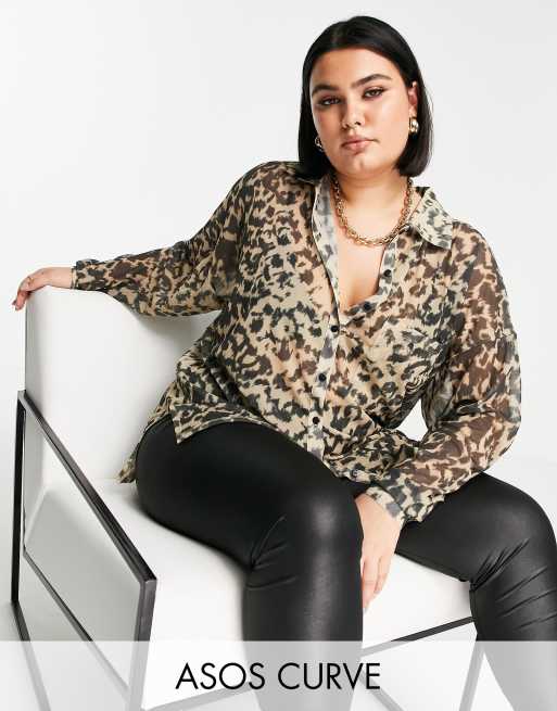 ASOS DESIGN Curve oversized mesh button shirt in animal print - BROWN
