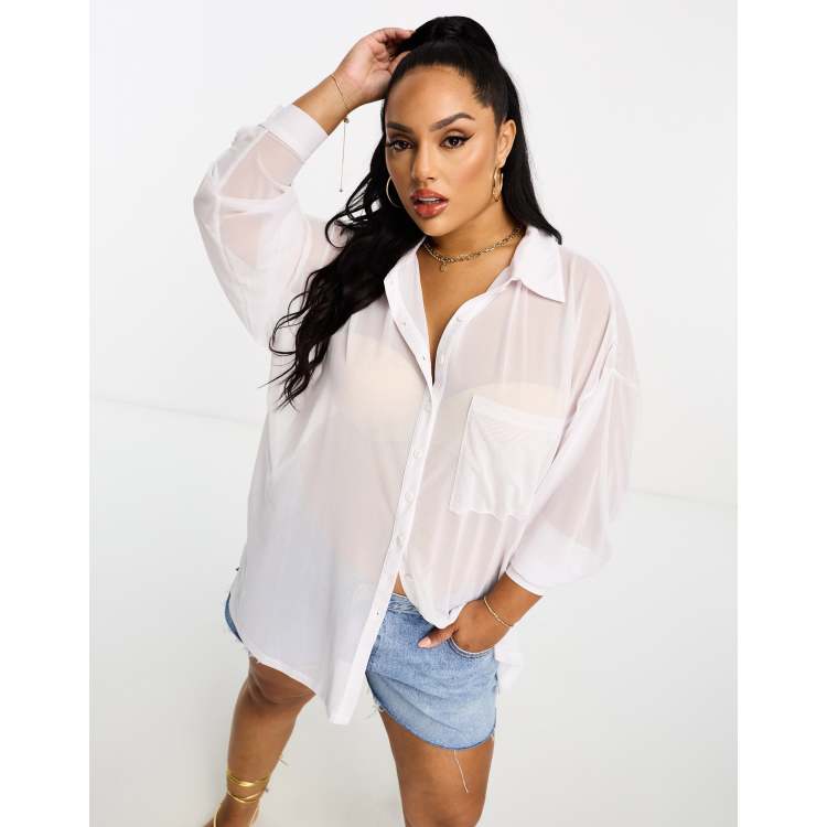 ASOS DESIGN Curve oversized mesh shirt in white | ASOS