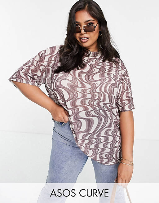 Women Curve oversized mesh t-shirt in wavy print 