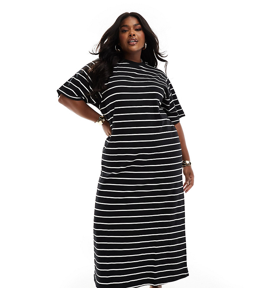 ASOS DESIGN Curve oversized midaxi t-shirt dress in black and white stripe-Multi