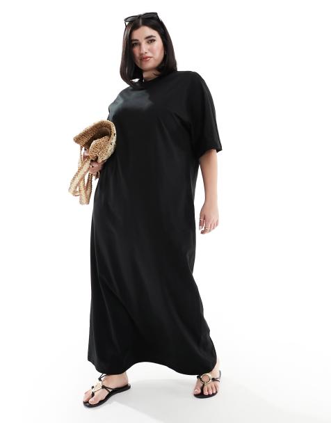 Plus Size Maxi Dresses Women Black Casual Tshirt Pockets Summer