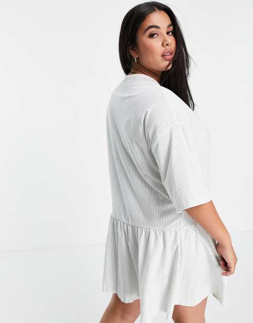 ASOS DESIGN Curve oversized mini smock dress with dropped waist in sage and white stripe, 2 of 4