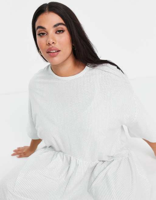 ASOS DESIGN Curve oversized mini smock dress with dropped waist in sage and white stripe, 3 of 4
