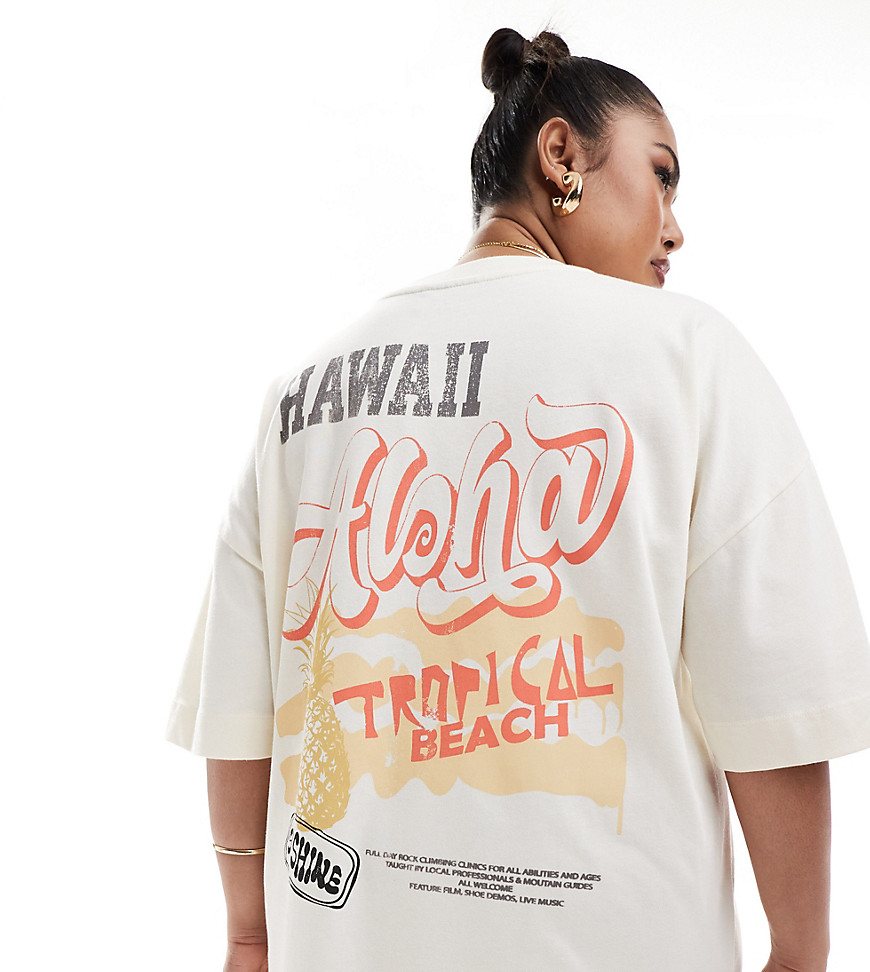ASOS DESIGN Curve oversized mini t-shirt dress in aloha print in cream-Multi