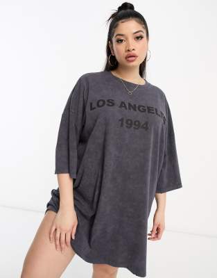 Asos Curve Asos Design Curve Oversized Mini Tee Dress With Washed Graphic In Gray