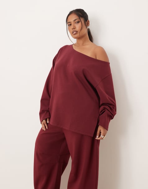 ASOS DESIGN Curve oversized off shoulder interlock sweatshirt in burgundy - view 1