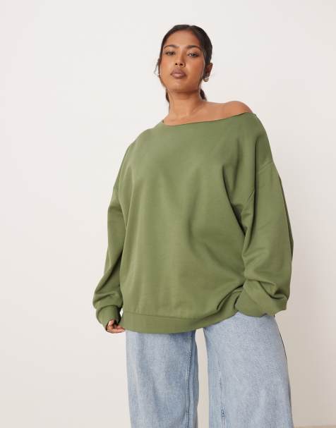 ASOS DESIGN Curve oversized off shoulder sweatshirt in khaki - view 1