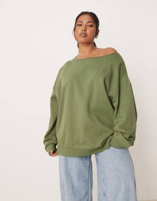 Asos Design Curve Oversized Off The Shoulder Sweatshirt In Green