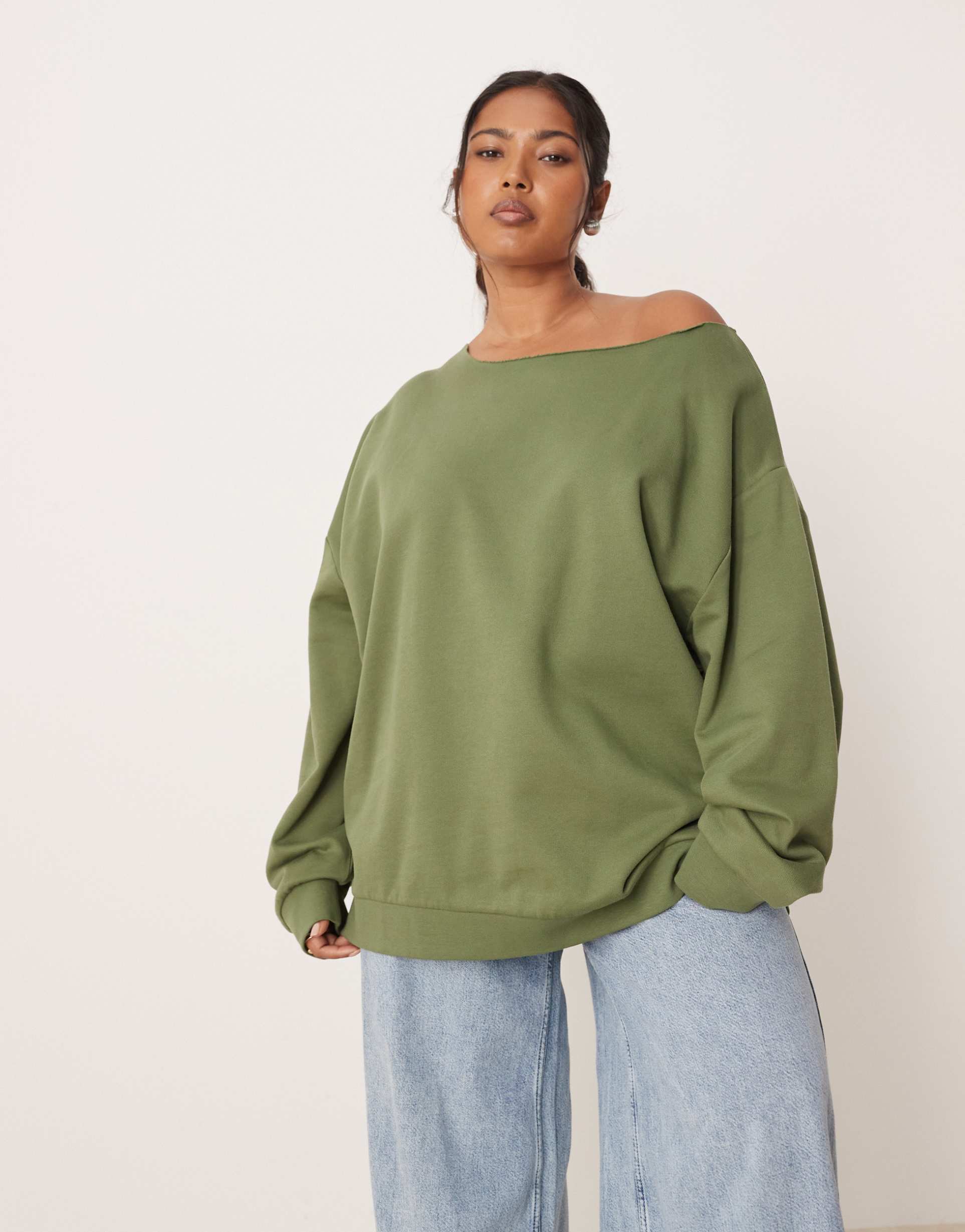 asos design curve oversized off the shoulder sweatshirt in khaki green