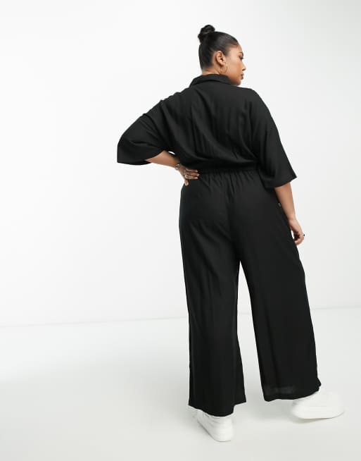 ASOS DESIGN Curve - Oversized overhemd-jumpsuit met gestrikte taille in zwart, 3 van 4