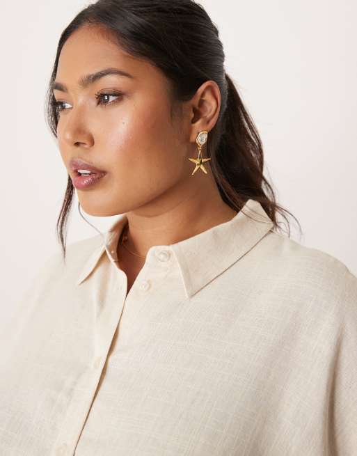 ASOS DESIGN Curve - Oversized overhemd met lange mouwen en linnen in stone, deel van co-ord set, 3 van 4