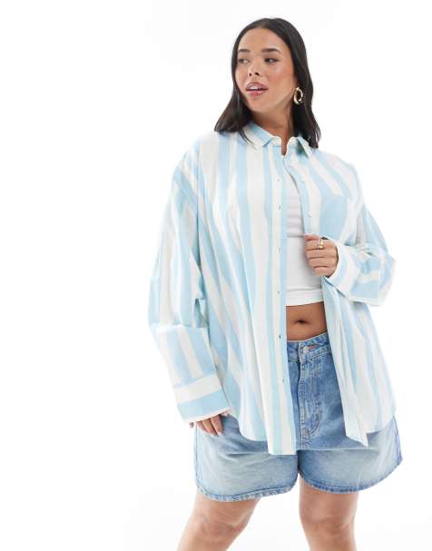 ASOS DESIGN Curve - Oversized overhemd van linnenmix met vervaagde strepen - view 1