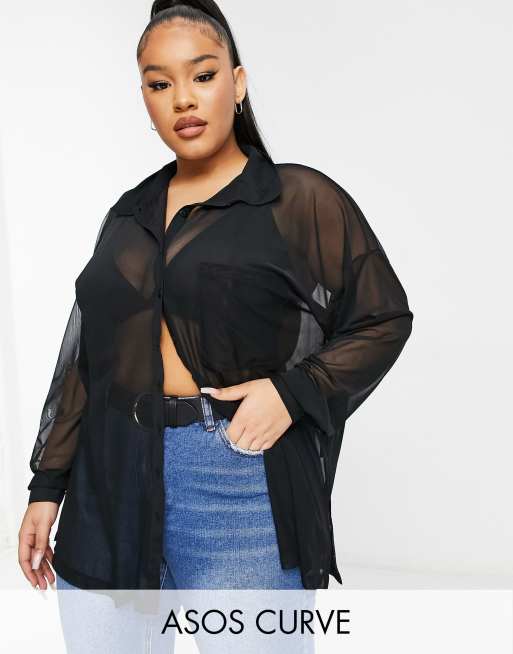 ASOS DESIGN Curve - Oversized overhemd van mesh met knopen in zwart