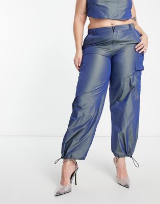 ASOS DESIGN Curve oversized parachute pants in iridescent blue - part of a set