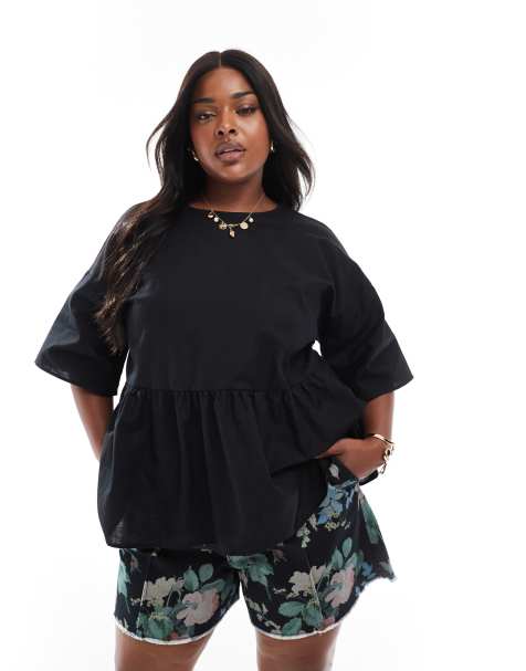 ASOS DESIGN Curve oversized peplum short sleeve smock in linen blend in black - view 1