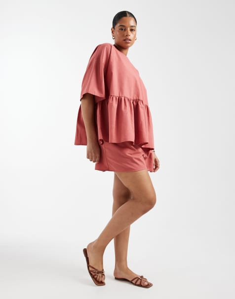 ASOS DESIGN Curve - Oversized peplum top met korte mouwen in beigeroze - view 1
