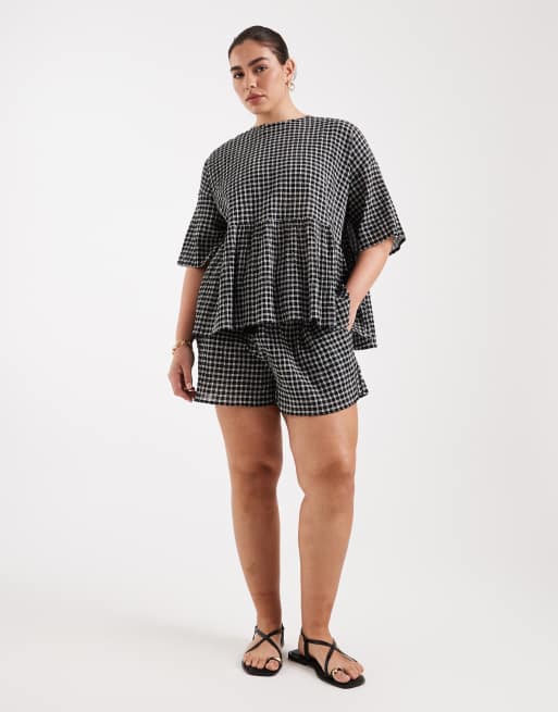 ASOS DESIGN Curve - Oversized peplum top met korte mouwen in zwarte ruit, 2 van 4