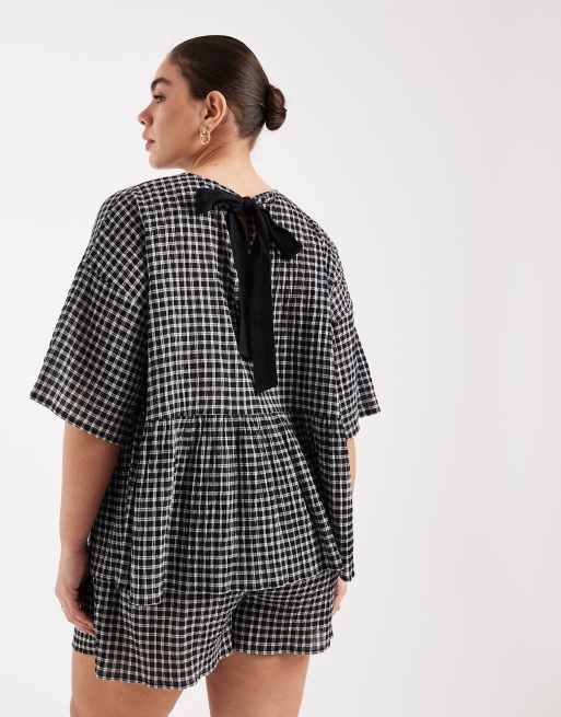 ASOS DESIGN Curve - Oversized peplum top met korte mouwen in zwarte ruit, 4 van 4