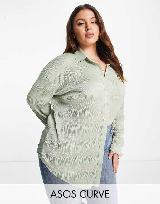 ASOS DESIGN Curve oversized plisse shirt in khaki ASOS