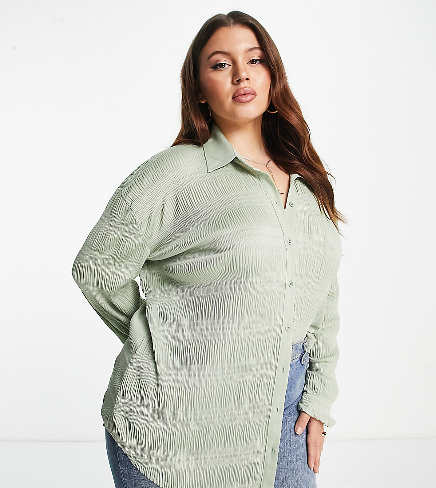 ASOS DESIGN Curve oversized plisse shirt in sage-Green