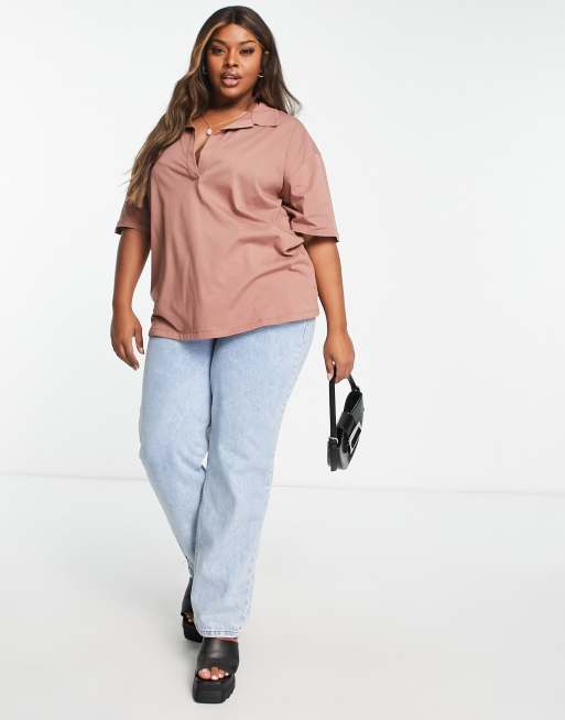 ASOS DESIGN Curve oversized polo T-shirt in brown, 2 of 4