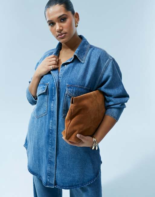 ASOS DESIGN Curve oversized premium denim shirt in wash blue part of a set