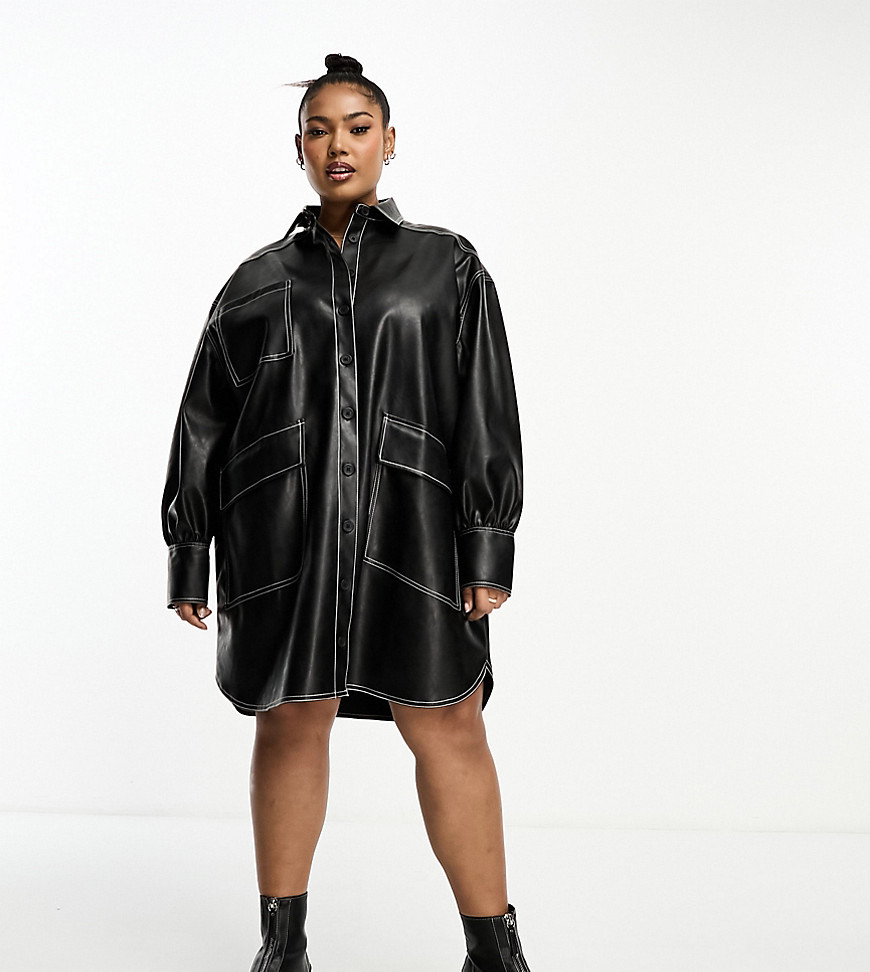ASOS DESIGN Curve oversized pu shirt dress with contrast stitch in black