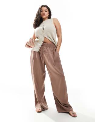 Asos Design Curve Oversized Pull On Pants With Panel And Pleat Details In Brown