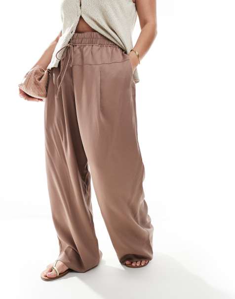ASOS DESIGN Curve oversized pull on trousers with panel and pleat detail in mocha - view 1