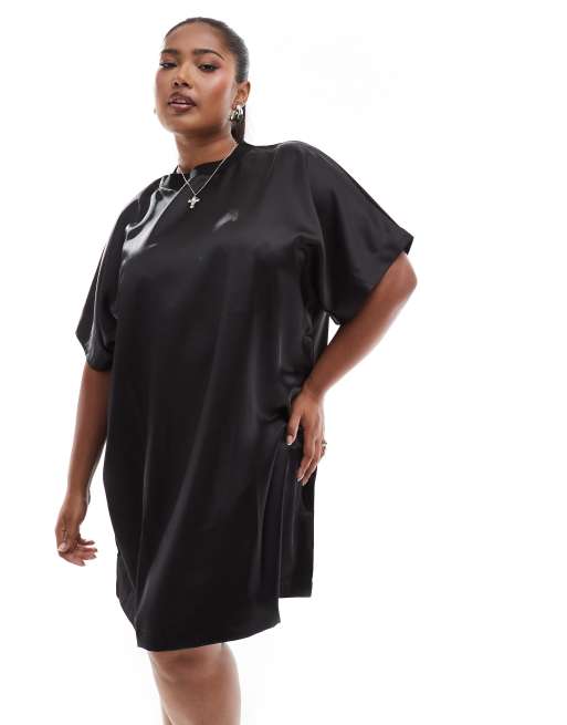 ASOS DESIGN Curve - Oversized satijnen mini T-shirtjurk in zwart, 3 van 4