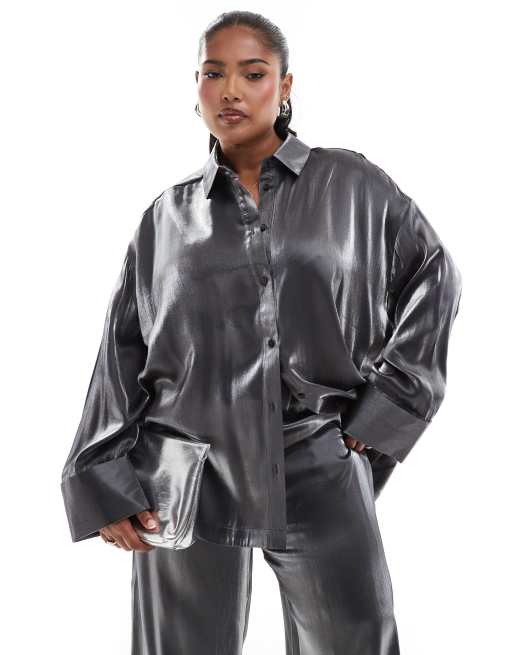 ASOS DESIGN Curve oversized satin shirt in silver - part of a set